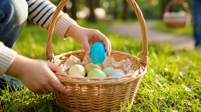 Child's hands carefully placing a vibrant speckled blue Easter egg into a wicker basket filled with pastel eggs.