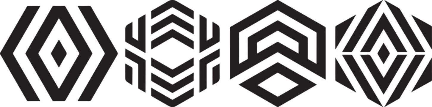 Abstract black hexagon logo icons with geometric line patterns for modern brand identity.