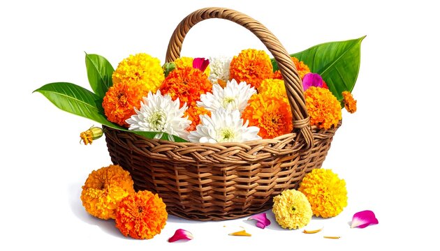 A wicker basket overflowing with vibrant orange and white flowers