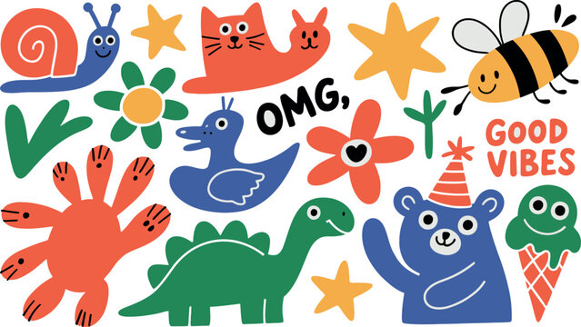 This playful collage includes various cute characters and objects like a cat, a snail, a bee, a dinosaur, and stars. 