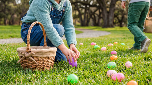 Young child joyfully collecting colorful plastic Easter eggs into a rustic basket on a bright, sunny spring day.