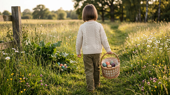 Child exploring a golden sunlit meadow, carrying a basket of vibrant Easter eggs during a peaceful spring afternoon.