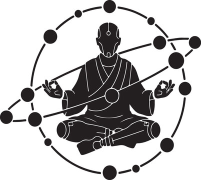 A monochrome silhouette icon of Zenyatta, an omnic monk in a meditative pose, surrounded by a celestial network of interconnected orbs.