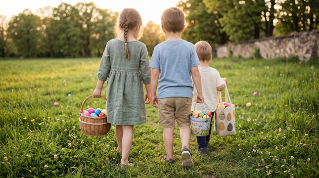 Children walk through a sun-drenched green field at sunset after a successful Easter egg hunt.