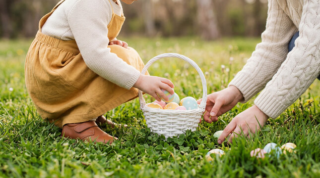 Two sets of hands, adult and child, carefully selecting vibrant Easter eggs from a white basket on a lush green lawn.