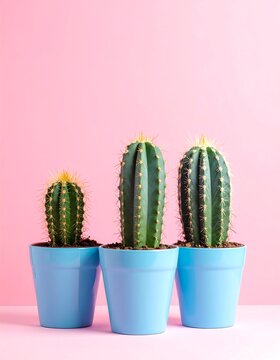 Three cacti in blue pots on pink background