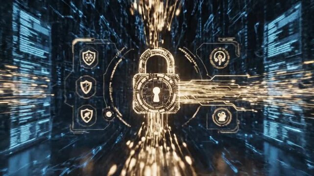 A glowing blue padlock with shields and circuit board elements on a dark background with green light streaks