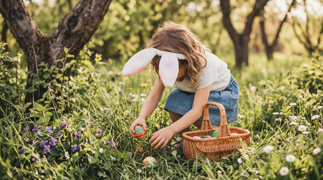 Happy child with bunny ears collecting vibrant Easter eggs in a sunny spring garden, a joyful tradition.