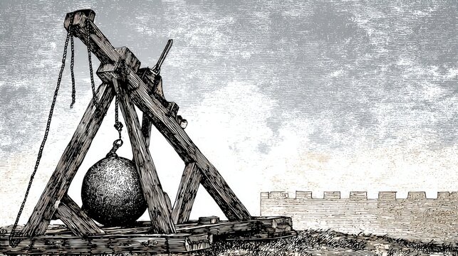 catapult. A medieval trebuchet on a castle battlement, loaded with a stone against a cloudy sky. real-estate listings.
