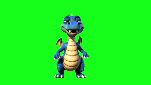 A friendly 3D animated blue dragon with a yellow belly performing a joyful dance. This mythical creature mascot is isolated on a green screen, perfect for fantasy stories, games, and kids' content.