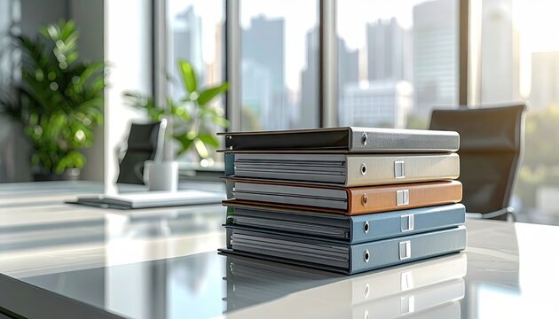 A stack of colorful file binders on a bright, reflective desk in a modern office setting.