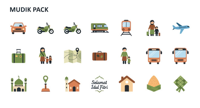 Mudik Pack: Indonesian Eid Travel Icons - Car, Train, Bus, Plane, Family, Mosque, Ketupat