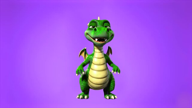 A high-quality 3D animation of a small green dragon character moving and reacting on a vibrant purple sunburst-style background. Perfect for energetic social media intros, birthday greetings, and fant