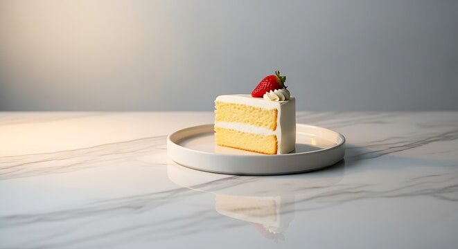 Delicious yellow cake slice with white frosting and strawberry on top, served on a white plate, marble table, elegant dessert setup