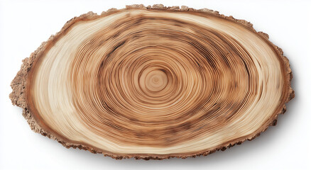Obraz premium a top view of an isolated wood slice with visible rings, representing age and growth, on a white background.