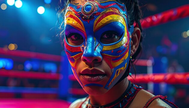 A woman with vibrant face paint in a boxing ring setting