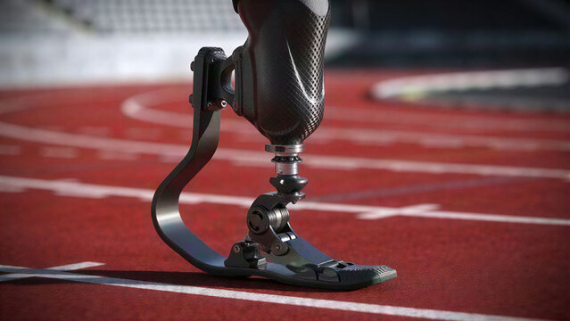 Close-Up of Advanced Carbon-Fiber Bionic Exoskeleton Leg on Running Track
