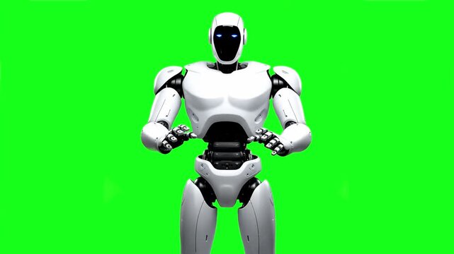 Detailed 3D animation of a sleek white android robot standing and gesturing with its right hand. isolated on chroma key, perfect for tech explainers, bionic presentations, and b-roll for robotics, eng