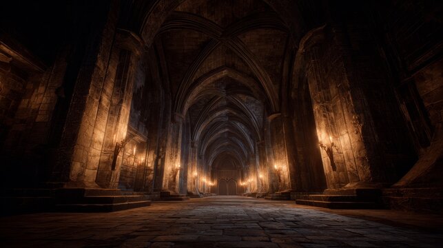 First-person view inside a gothic medieval castle with torch-lit corridors, high arches, old stone textures, dramatic cinematic lighting, immersive eerie 3D interior