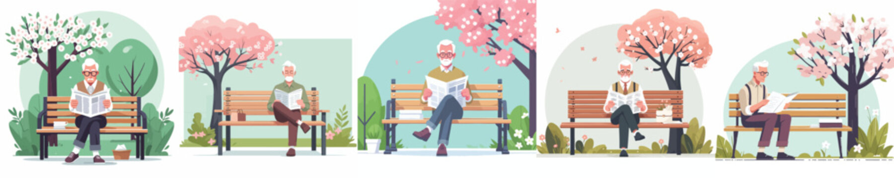 vector of grandpa sitting on a park bench reading newspaper in spring