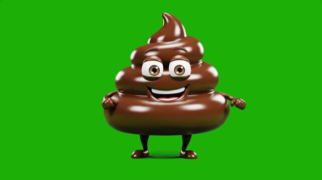 A glossy brown 3D animated poop emoji character with a friendly face, wide smile, and hands on its hips. This humorous asset is isolated on a chroma key green background, perfect for social media cont