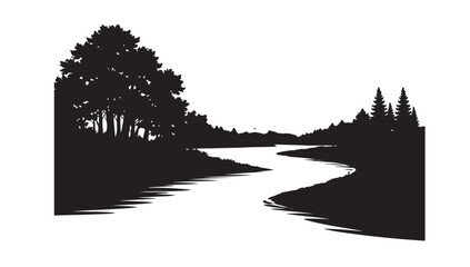 Fototapeta premium Mountain Landscape Silhouette Vector, River Forest Nature Black Outdoor Illustration