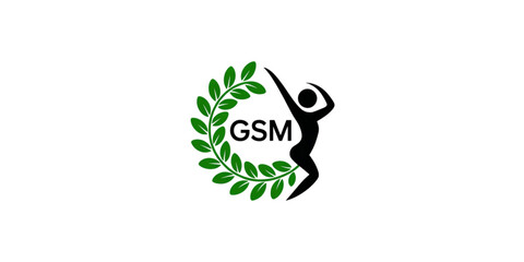 Gsm logo featuring a stylized human figure beside a green laurel wreath for wellness branding Vector © MST LILUFA