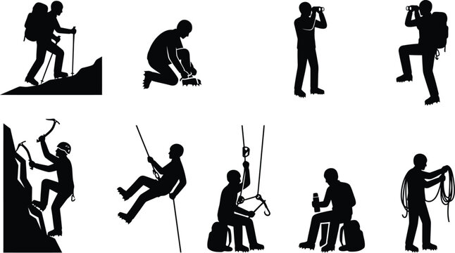 Silhuetas de pessoas praticando montanhismo, escalada e outras atividades de aventura ao ar livre, com equipamentos.