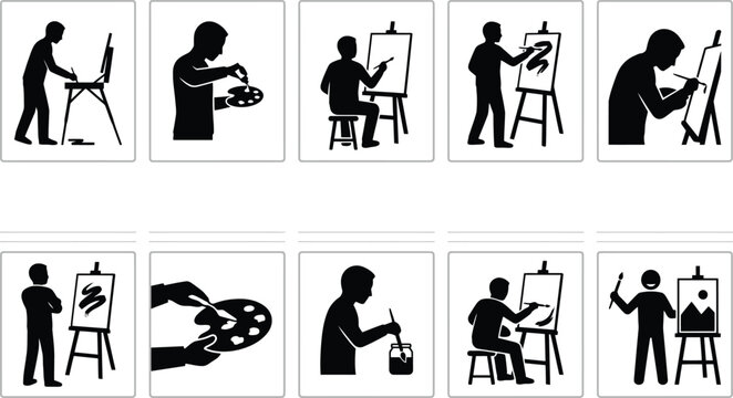 Silhuetas de artistas pintando em cavaletes, misturando tintas e segurando pinc&eacute;is, ilustrando o processo criativo da pintura.
