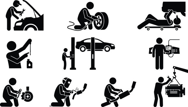 &Iacute;cones de mec&acirc;nicos de autom&oacute;veis realizando diversas tarefas de manuten&ccedil;&atilde;o e reparo de ve&iacute;culos.