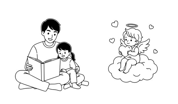 Asian parent reading book to child with cute cherub and heart cloud cartoon vector illustration for family love concept