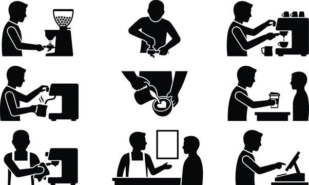 Conjunto de &iacute;cones em silhueta que detalham o processo completo de preparo e servi&ccedil;o de caf&eacute;, desde a moagem dos gr&atilde;os at&eacute; o atendimento ao cliente e o pagamento.