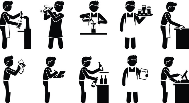 Strichm&auml;nnchen-Piktogramme, die verschiedene T&auml;tigkeiten eines Barkeepers oder Kellners in einer Bar oder einem Restaurant darstellen.
