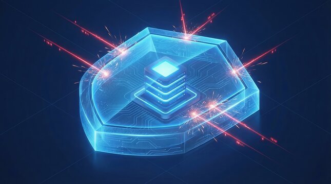 Cyber security and data protection concept with digital shield 3D render. Network defense and firewall protection against hacker attack for information safety.