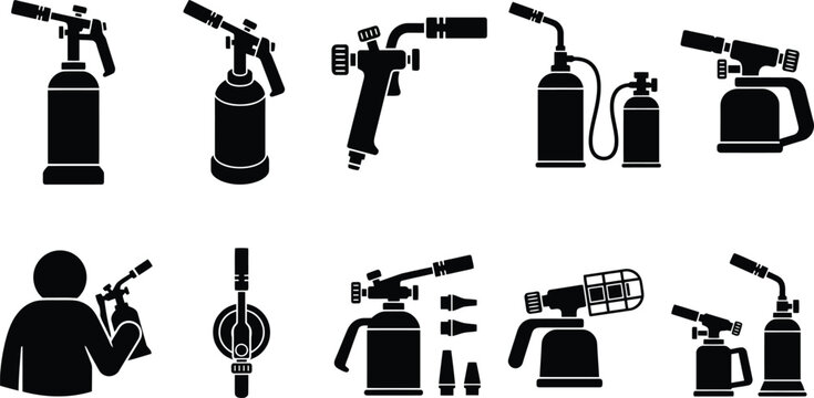 Eine Sammlung von detaillierten Piktogrammen und Silhouetten verschiedener L&ouml;tbrenner und Gasbrenner f&uuml;r Handwerk und Industrie.