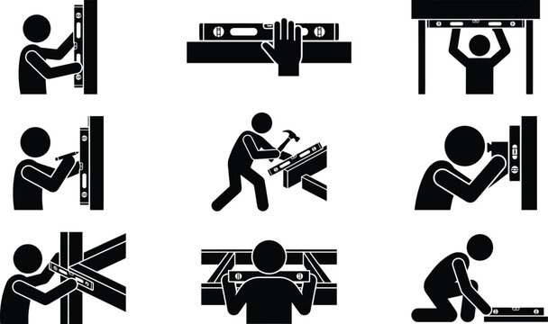 &Iacute;cones de constru&ccedil;&atilde;o e ferramentas, incluindo pessoas usando n&iacute;veis, martelando e montando estruturas.