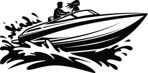 Black and white speedboat silhouette with couple riding fast over water splash, dynamic marine illustration for adventure, travel, and leisure themes © Polash