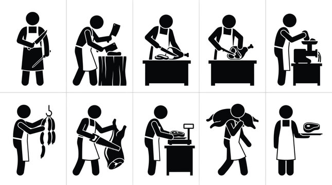 Piktogramme, die verschiedene T&auml;tigkeiten eines Metzgers bei der Fleischverarbeitung und dem Verkauf darstellen.