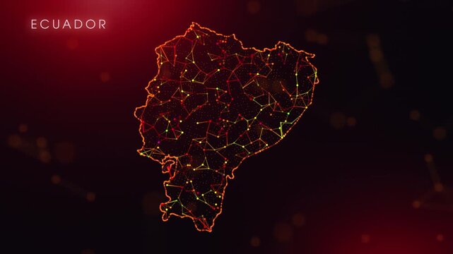 A dynamic motion video showcasing the Ecuador country border through a colorful plexus reveal. Glowing red and orange dots represent high-tech data communication and global digital networks.