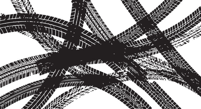 Tire Tracks Intersection on White Background with Black Marks