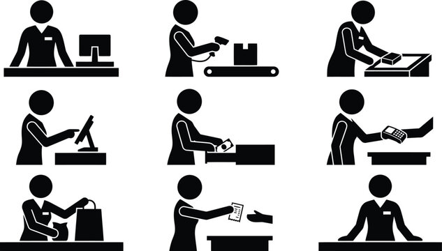 Piktogramme, die verschiedene Schritte im Einzelhandel und Kassenvorgang darstellen, von der Warenannahme bis zur Bezahlung und Verpackung.