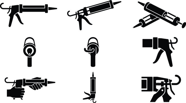 Silhuetas pretas de pistolas de calafetagem e aplicadores de selante, ilustrando ferramentas de constru&ccedil;&atilde;o e reparo.