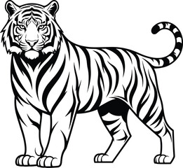 Fototapeta premium Black and White Tiger Vector Illustration Standing Proud Isolated on White Background for Tribal Tattoo Design or Powerful Sports Mascot
