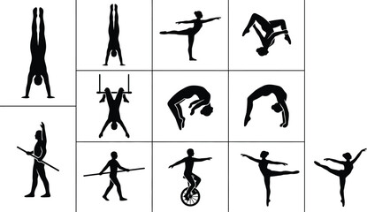 Silhouetten von Akrobaten und Turnern in verschiedenen Posen, darunter Handstände, Brücken, Trapeze und Balancierakte. © Insa Batool