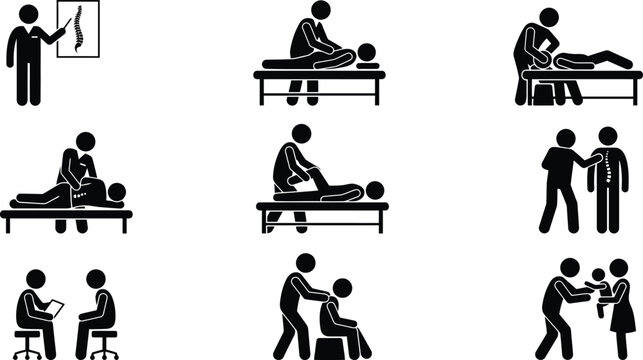 Ilustra&ccedil;&otilde;es de figuras de palitos mostrando diversas sess&otilde;es de fisioterapia, quiropraxia e massagem, incluindo consultas e reabilita&ccedil;&atilde;o.