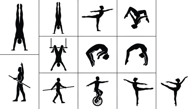 Silhouetten von Akrobaten und Turnern in verschiedenen Posen, darunter Handst&auml;nde, Br&uuml;cken, Trapeze und Balancierakte.