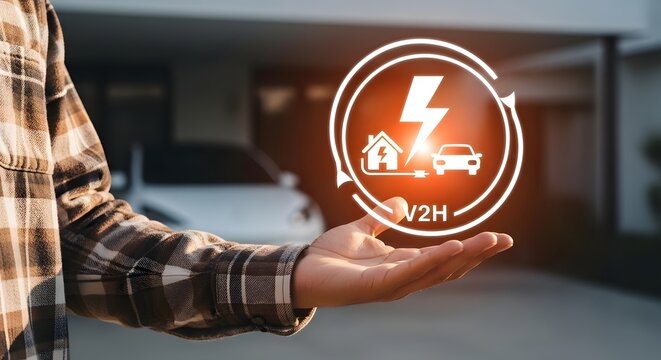 Man holding V2H vehicle-to-home energy concept in hand with car and house