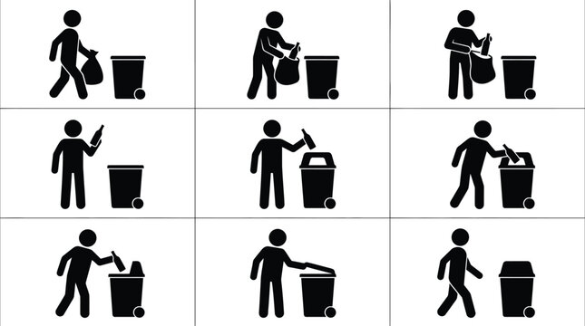 Piktogramme zeigen den Prozess der M&uuml;llentsorgung und Abfalltrennung in einem M&uuml;lleimer und einer Recyclingtonne.