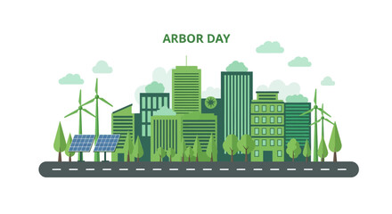 Naklejka premium Arbor Day Green City Landscape with Renewable Energy Illustration