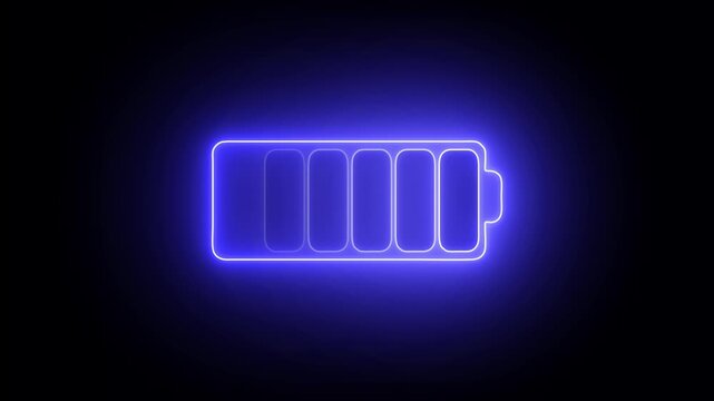 Glowing blue neon battery icon on a dark black background